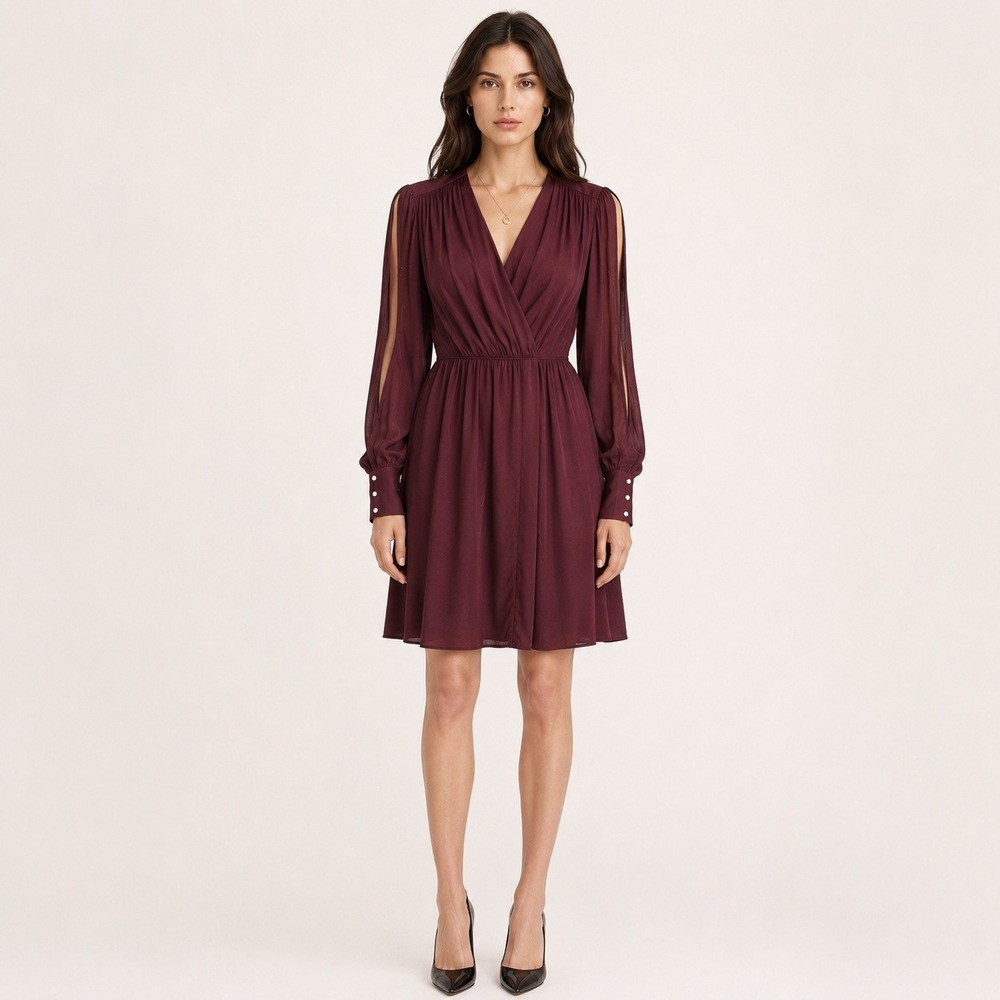 Room 502 Beatrice Wrap Dress 10 Bordeaux Red Long Sleeve Midi Silk-Like‎ Viscose